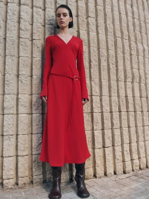 MANGO - Sukienka z paskiem i dekoltem w szpic czerwony - - Kobieta