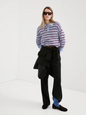 MANGO - Sweter w paski z kołnierzykiem polo błękitny - - Kobieta