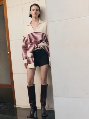 Sweter w paski z kołnierzykiem polo kremowy / écru - Kobieta - - MANGO