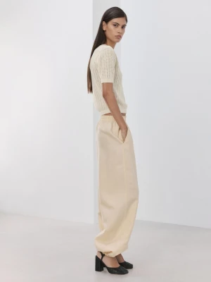 MANGO - Sweter z ażurowej dzianiny z krótkim rękawem kremowy / écru - - Kobieta