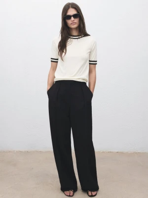 MANGO - Sweter z krótkim rękawem w kontrastowe paski kremowy / écru - - Kobieta