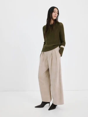 MANGO - Sweter z prążkowanej dzianiny khaki - - Kobieta