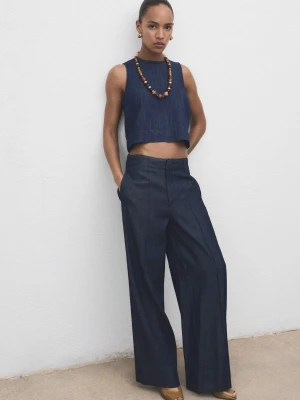 MANGO - Szerokie spodnie denim z przeszyciami niebieski - - Kobieta