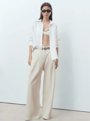 MANGO - Spodnie wide leg w paski jasny / pastelowy szary - - Kobieta