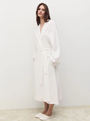 MANGO - Szlafrok bawełniany z koronkową tasiemką biały - - Kobieta