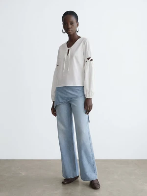 MANGO TEEN - Bawełniana bluzka z wiązaniem złamana biel - - Dziewczyna