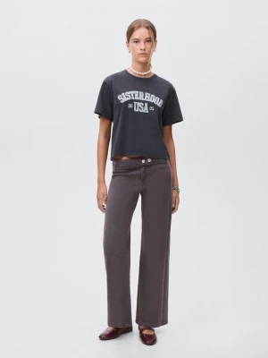 MANGO TEEN - Bawełniany wzorzysty t-shirt antracytowy - - Dziewczyna