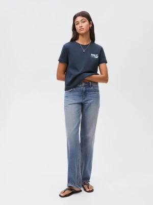 MANGO TEEN - Bawełniany wzorzysty t-shirt granatowy - - Dziewczyna