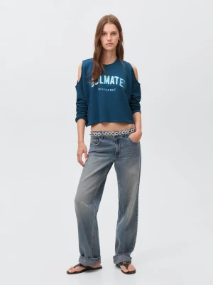 MANGO TEEN - Bluza z wycięciami i nadrukiem ciemnoniebieski - - Dziewczyna