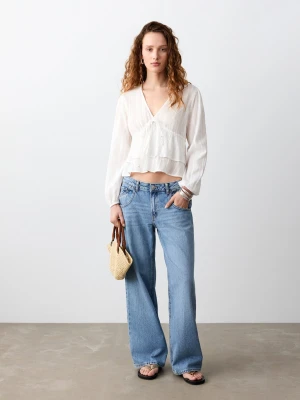 MANGO TEEN - Bluzka z falbanami i wiązaniem złamana biel - - Dziewczyna