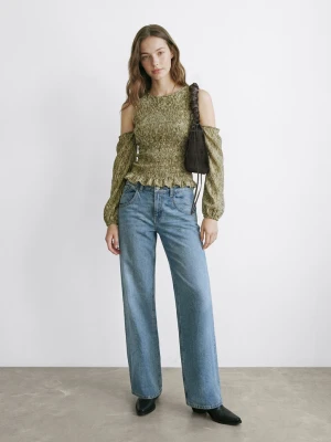 MANGO TEEN - Bluzka z marszczeniami i wycięciami cut-out khaki - - Dziewczyna