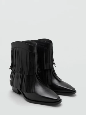 MANGO TEEN - Botki skórzane na obcasie z frędzlami czarny - - Dziewczyna