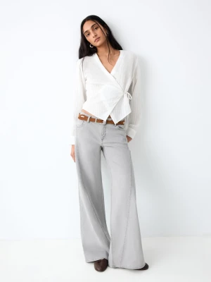 MANGO TEEN - Jeansy wide leg z przeszyciem szary denim - - Dziewczyna