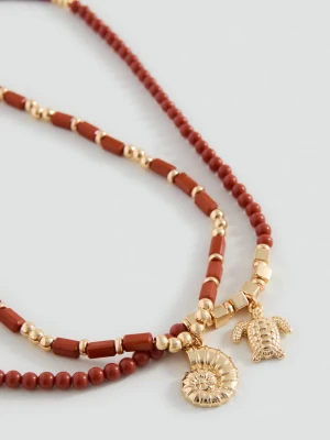 MANGO TEEN - Komplet 2 naszyjników z łączonych materiałów brązowy - Rozmiar uniwersalny - Dziewczyna