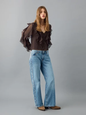 MANGO TEEN - Lejąca bluzka z falbanami brązowy - - Dziewczyna