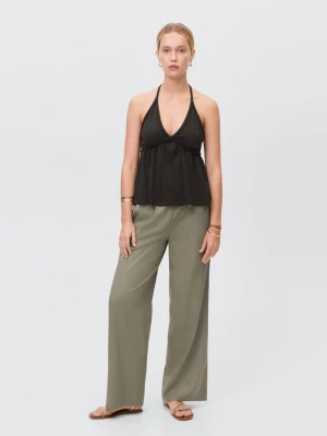 MANGO TEEN - Proste spodnie z lnianej tkaniny khaki - - Dziewczyna
