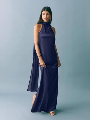 MANGO TEEN - Satynowa sukienka z dekoltem halter granatowy - - Dziewczyna