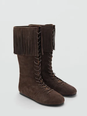 MANGO TEEN - Skórzane botki z frędzlami czekoladowy - - Dziewczyna