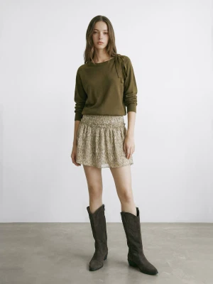 MANGO TEEN - Spódnica ze wzorem i falbanką khaki - - Dziewczyna