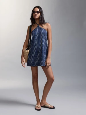 Sukienka z dekoltem halter i etnicznym nadrukiem granatowy - Dziewczyna - - MANGO TEEN