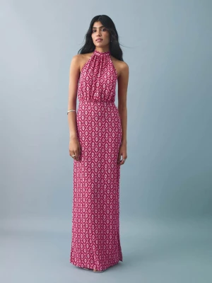 MANGO TEEN - Sukienka z dekoltem halter i nadrukiem różowy - - Dziewczyna