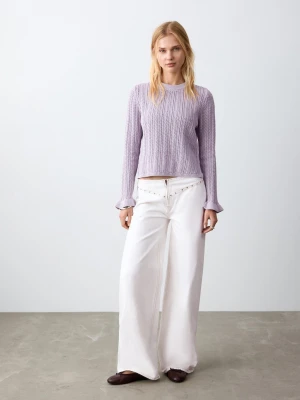 MANGO TEEN - Sweter z dzianiny ażurowej z falbanami jasny/pastelowa purpura - - Dziewczyna