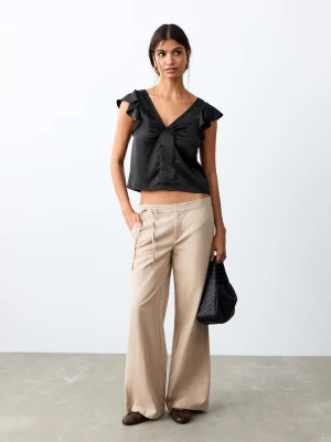 MANGO TEEN - Top satynowy z falbankami czarny - - Dziewczyna