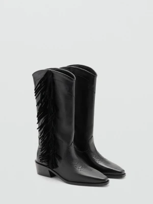 MANGO TEEN - Wysokie skórzane kozaki z frędzlami czarny - - Dziewczyna