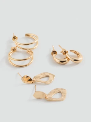MANGO TEEN - Zestaw 3 par kolczyków z różnych materiałów złoty - Rozmiar uniwersalny - Dziewczyna