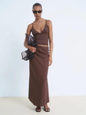 MANGO - Top z bawełny z dekoltem w serek czekoladowy - - Kobieta