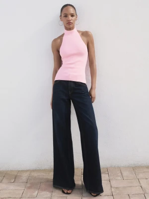 MANGO - Top z dzianiny z dekoltem halter pastelowy róż - - Kobieta