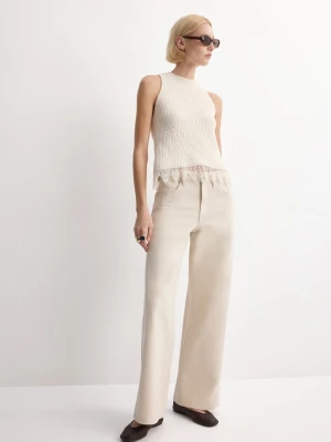 Top z dzianiny z koronkowym obszyciem kremowy / écru - Kobieta - - MANGO