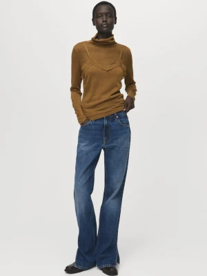 MANGO - Top z mieszanki wełny i koronki ochra - - Kobieta