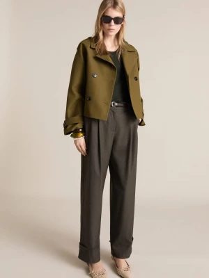 MANGO - Top z prążkowanej dzianiny z kontrastowymi lamówkami khaki - - Kobieta