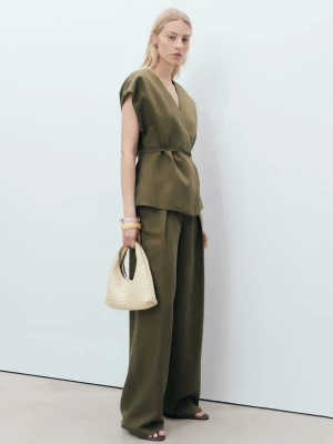 MANGO - Top z wiązaniem z lnu i lyocellu khaki - - Kobieta