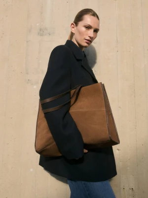 MANGO - Torba shopper skórzana ze szwami tabaczkowy brąz - Rozmiar uniwersalny - Kobieta