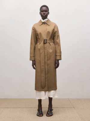 MANGO - Trencz bawełniany z paskiem średni brązowy - - Kobieta