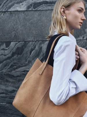 MANGO - Zamszowa torba shopper średni brązowy - Rozmiar uniwersalny - Kobieta