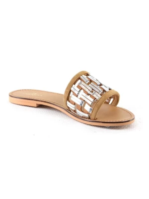 Manoukian shoes Skórzane klapki "Sabra" w kolorze jasnobrązowo-srebrnym rozmiar: 36