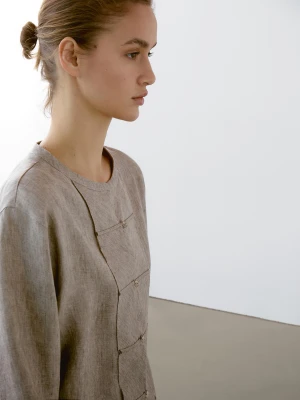 Mao Collar Blouse 100% Melange Linen - Szarobrązowy - - Massimo Dutti - Female