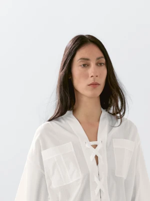 Bluzka Z Kołnierzykiem I Wiązaniem - Biały - - Massimo Dutti - Kobieta