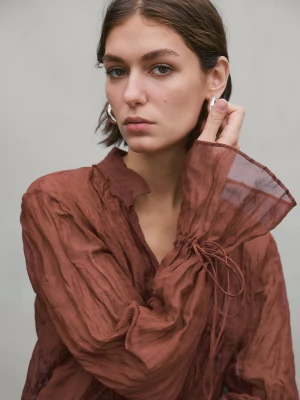 Marszczona Koszula Z Wiązaniami – Studio - Ceglany - - Massimo Dutti - Kobieta