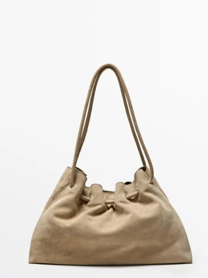 Marszczona Torba Z Zamszu - Ecru - Massimo Dutti - Female