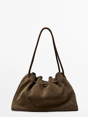 Marszczona Torebka Z Zamszu - Szarobrązowy - Massimo Dutti - Female