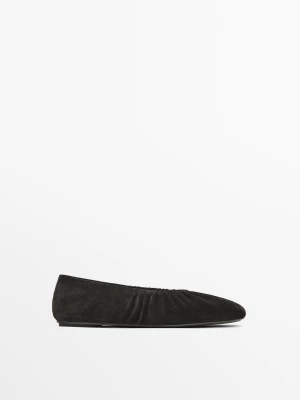 Marszczone Balerinki Z Zamszowej Skóry - Brązowy - - Massimo Dutti - Kobieta