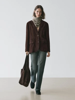 Marynarka 100% Ze Skóry Zamszowej - Brązowy - - Massimo Dutti - Kobieta