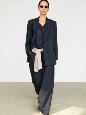 Marynarka Dwurzędowa Z Lnu Melanżowego - Granatowy - Massimo Dutti - Female
