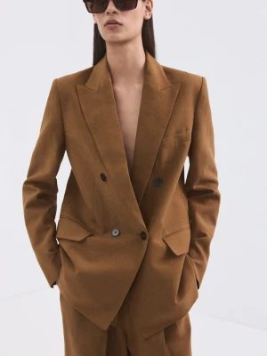 Marynarka garniturowa dwurzędowa z lnu karmelowy brąz - Kobieta - - MANGO