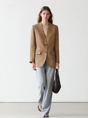 Marynarka Garniturowa Melanż 100% Len - Wielbłądzi - - Massimo Dutti - Kobieta