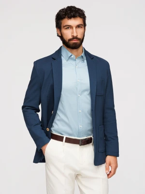 Marynarka męska SLIM z dzianiny o subtelnej strukturze – ciemnoniebieska V6 - Rozmiar: L Ombre Clothing